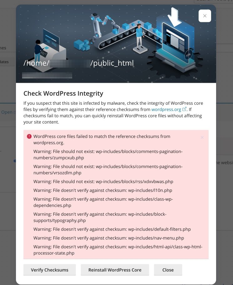 WP Toolkit integrity check screenshot