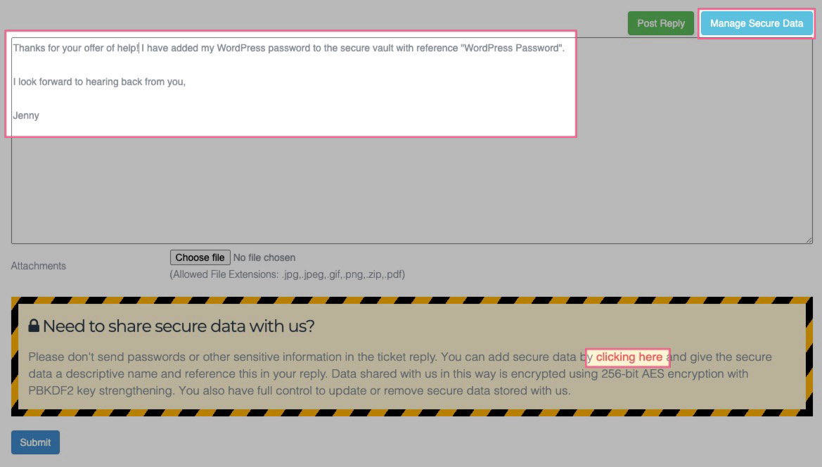 Manage Secure Data button in the ticket reply form
