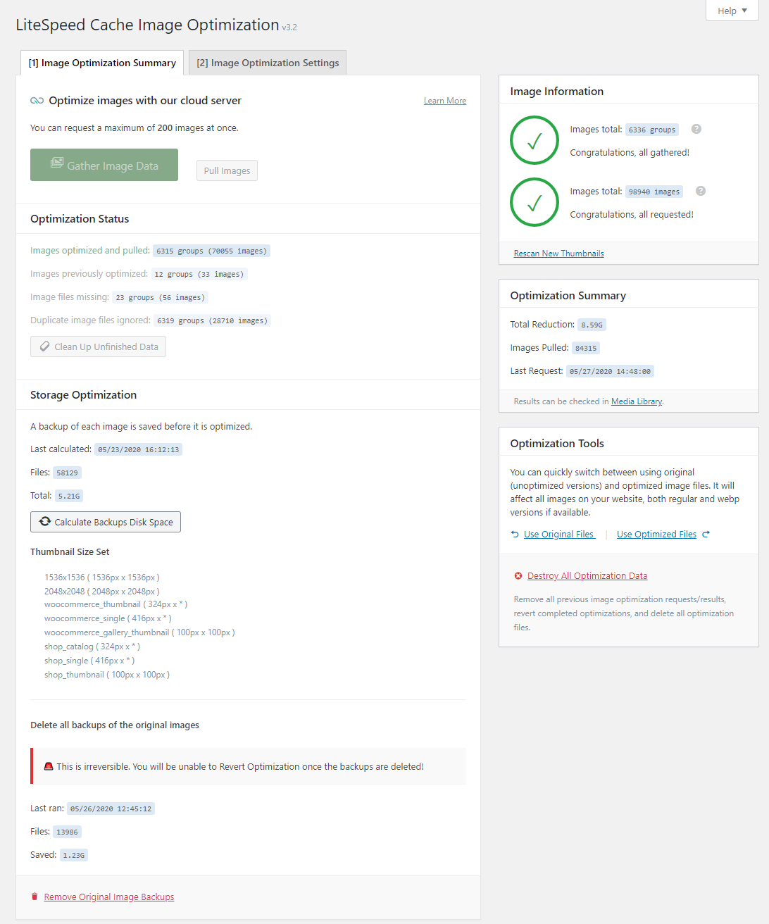Image optimisation summary tab