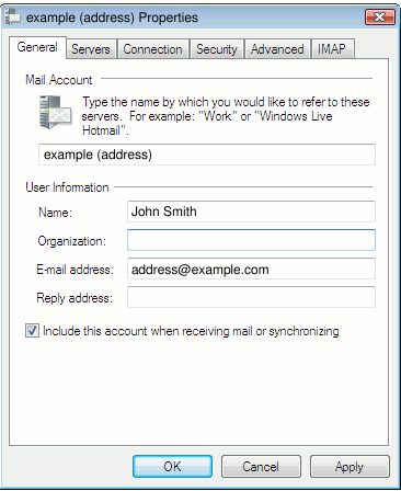 Accounts window showing a highlighted email account and the Properties button