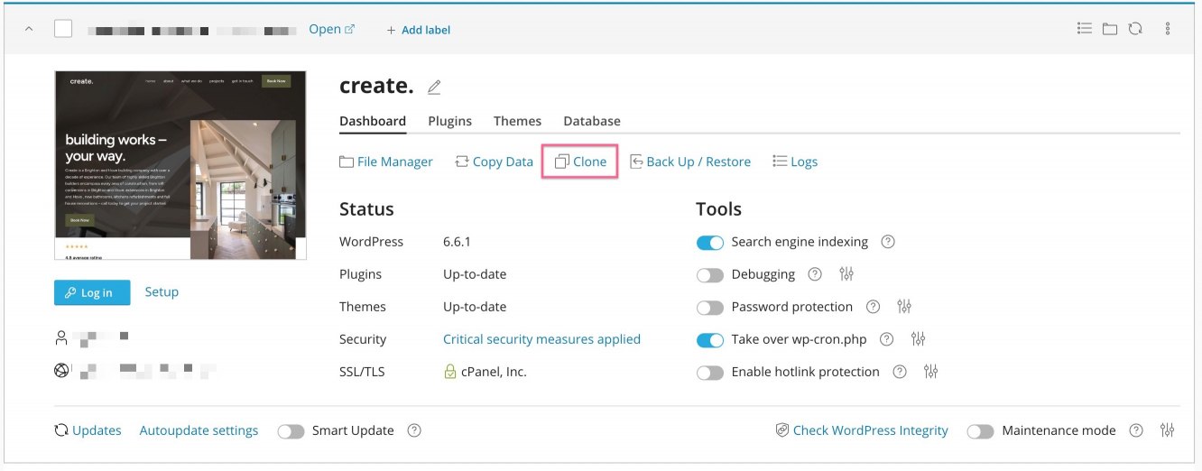 WP Toolkit Clone button