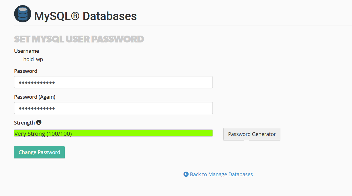 cPanel MySQL password change screen