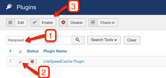 Joomla Plugins list showing LiteSpeed Cache plugin