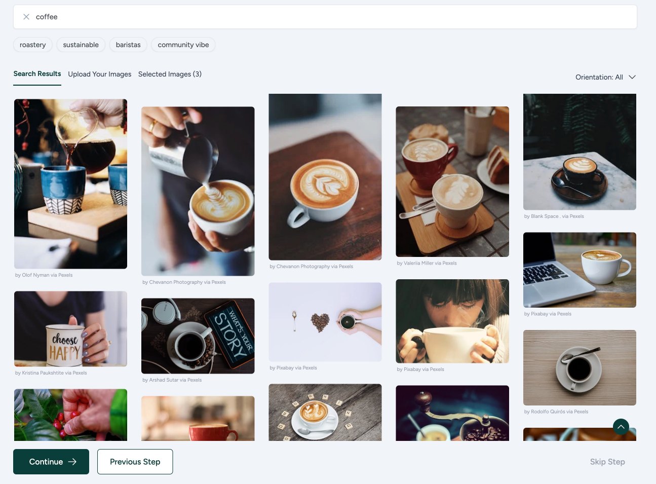 AI Starter Site - image selection screen