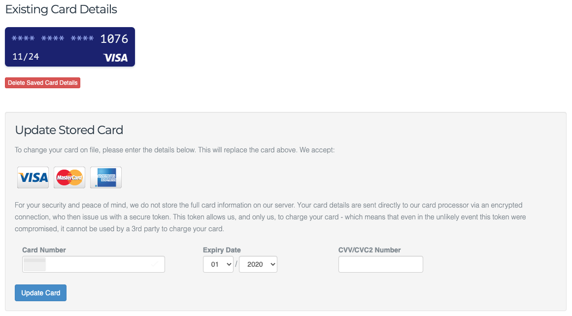 Manage Credit Card screen