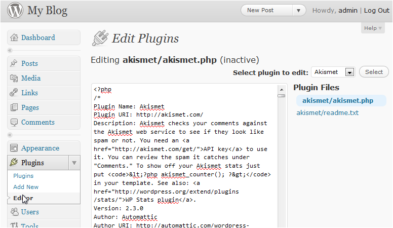 Plugin editor screen
