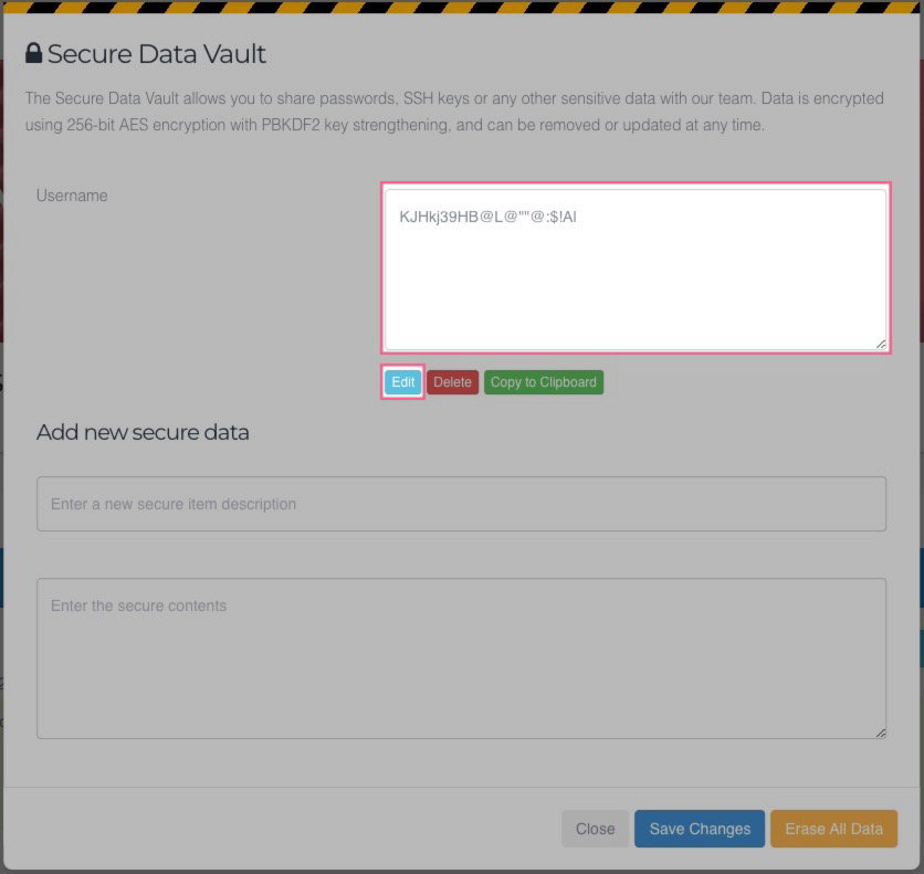 Editing an item in the Secure Vault