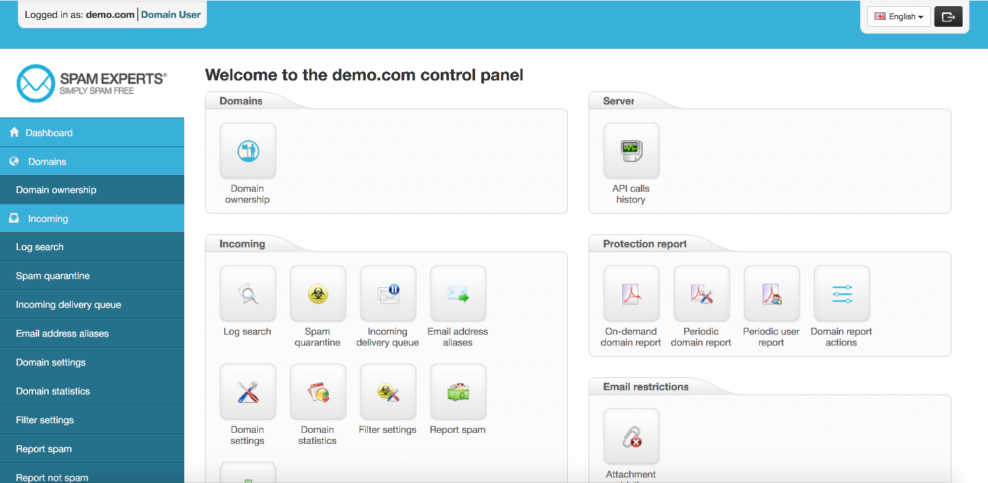 SpamExperts domain control panel