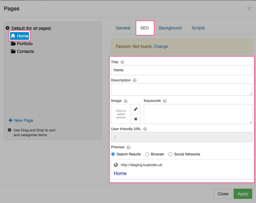 SEO tab fields