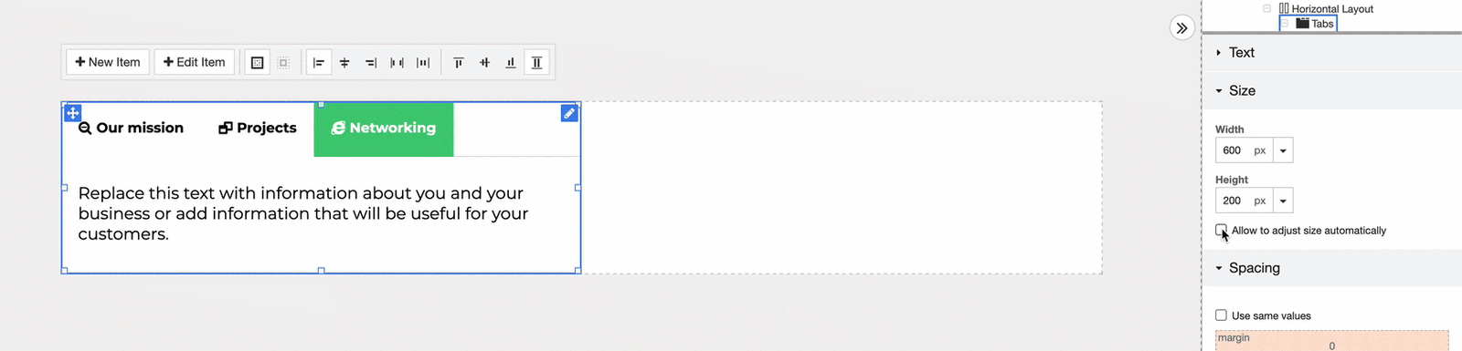 Adjusting width and margin on the Tabs element