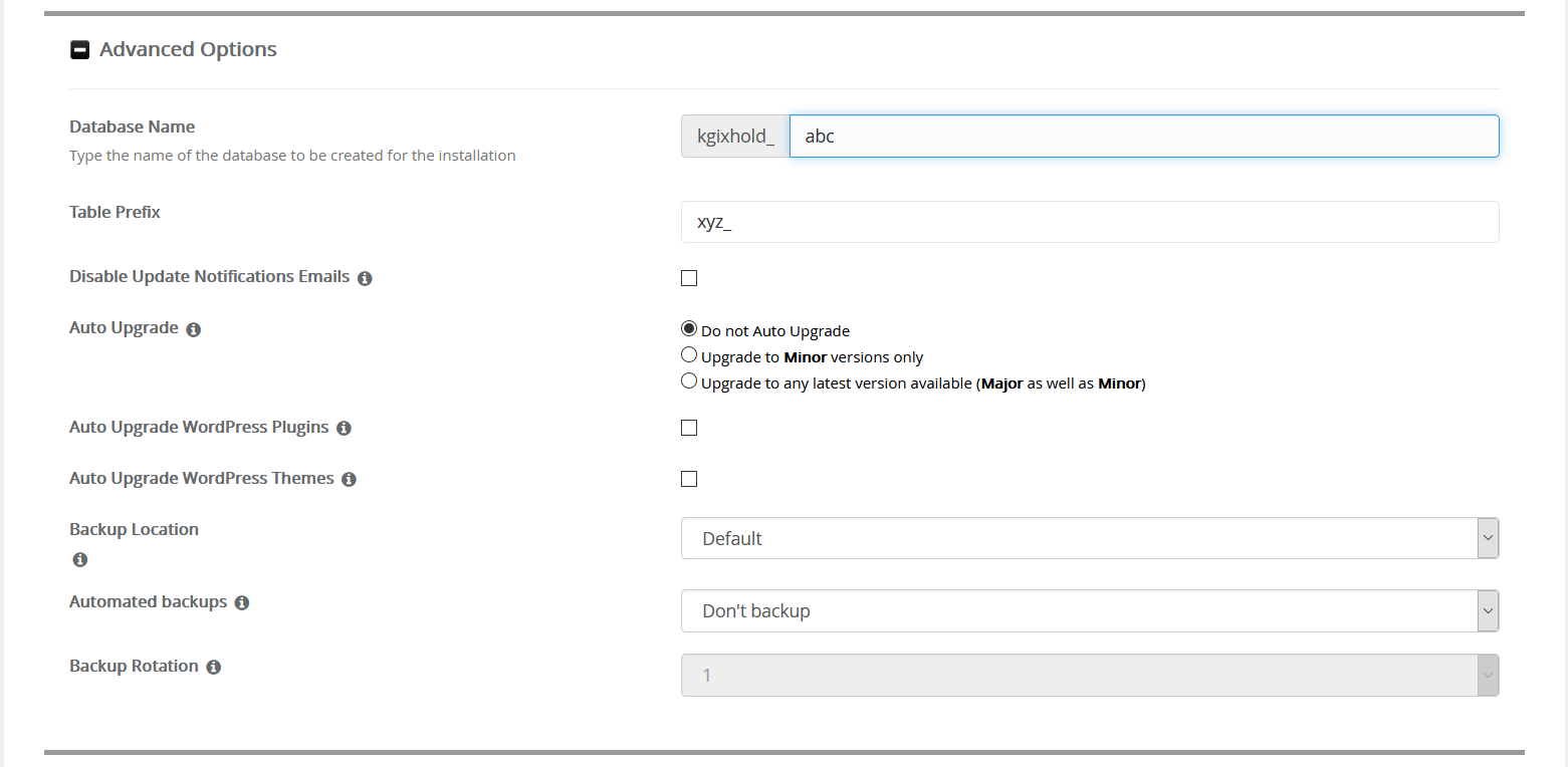 Softaculous advanced settings during installation