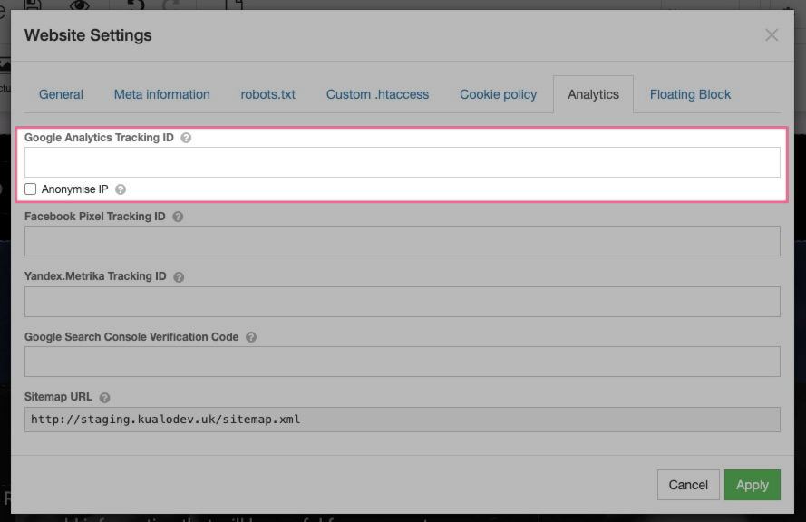 Analytics tab in ProSite Site Builder settings