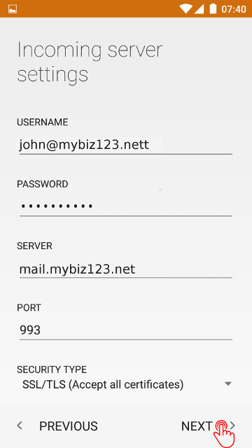 Incoming server settings