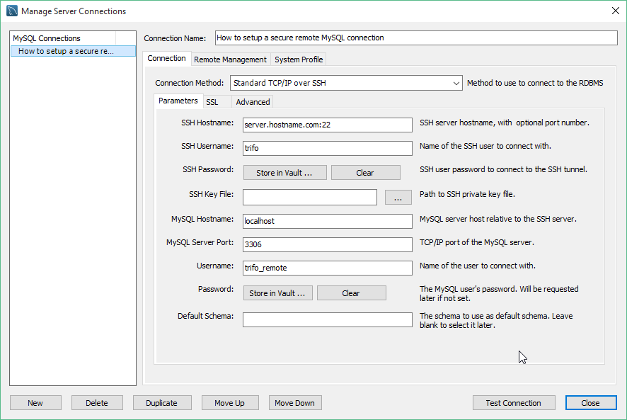 MySQL Workbench connection settings form