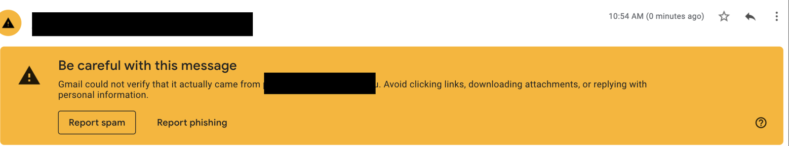 A Gmail "be careful with this message" warning shown on an unauthenticated email