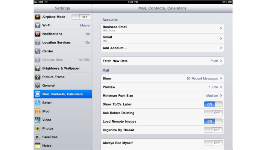 Mail settings screen showing account list