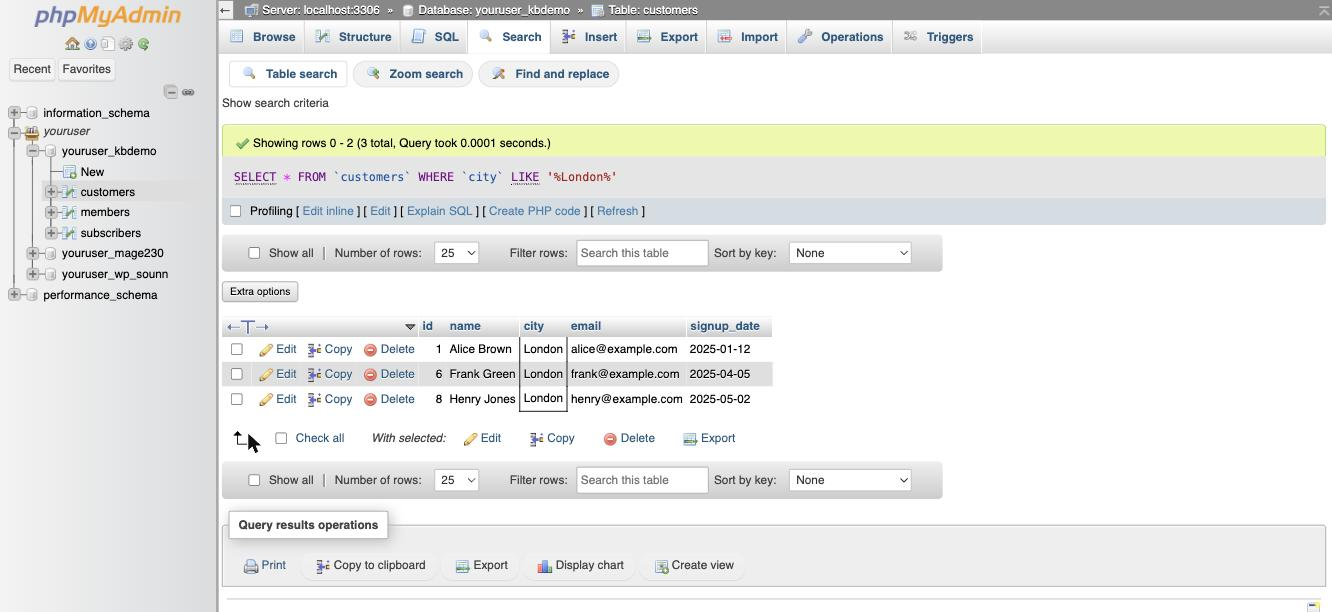 Search results in phpMyAdmin, showing the rows that matched