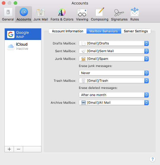 Mailbox Behaviors tab in Mac Mail