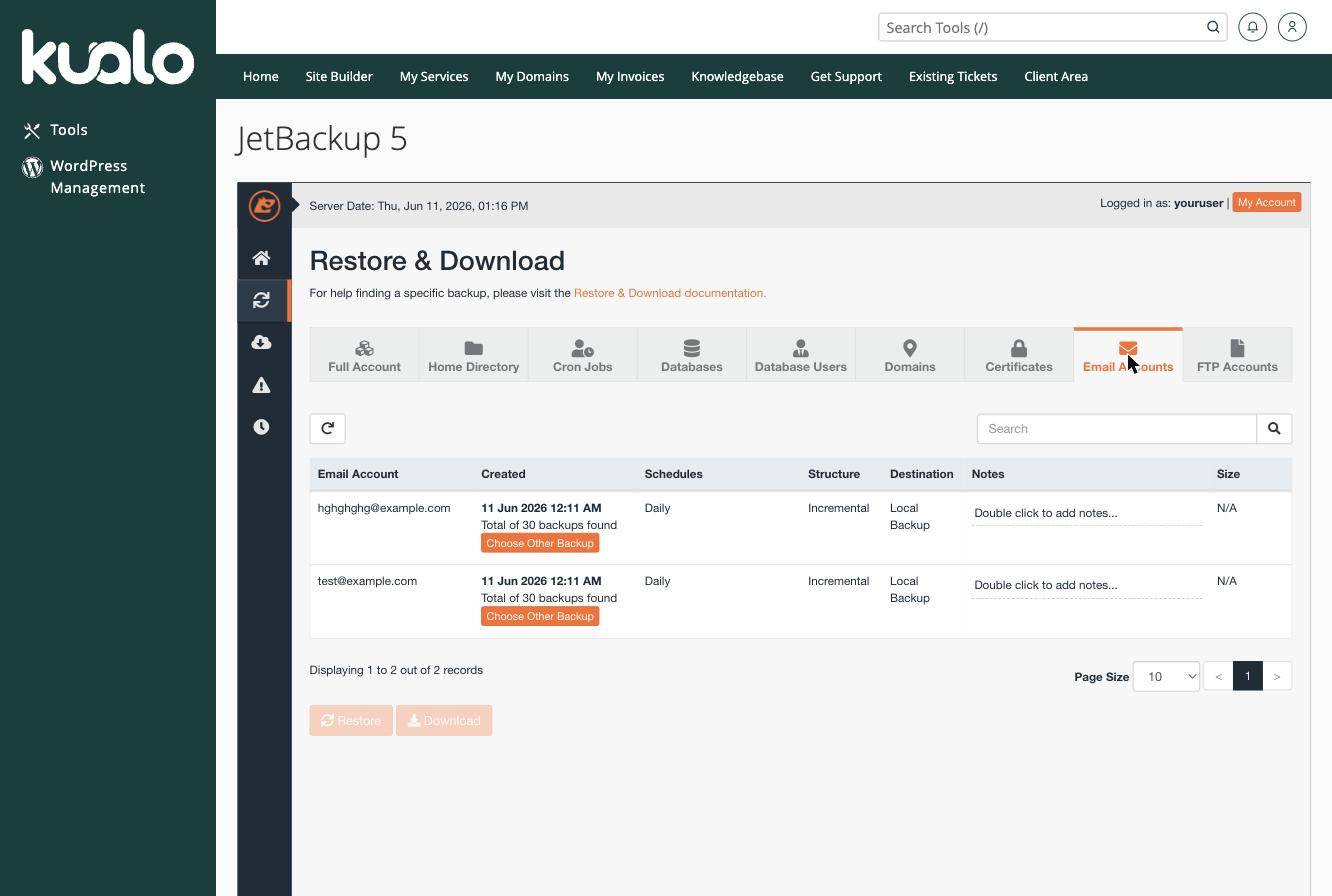The Email Accounts tab in JetBackup, listing email account backups