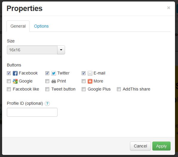 Share widget properties panel