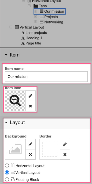Tab panel title and icon settings