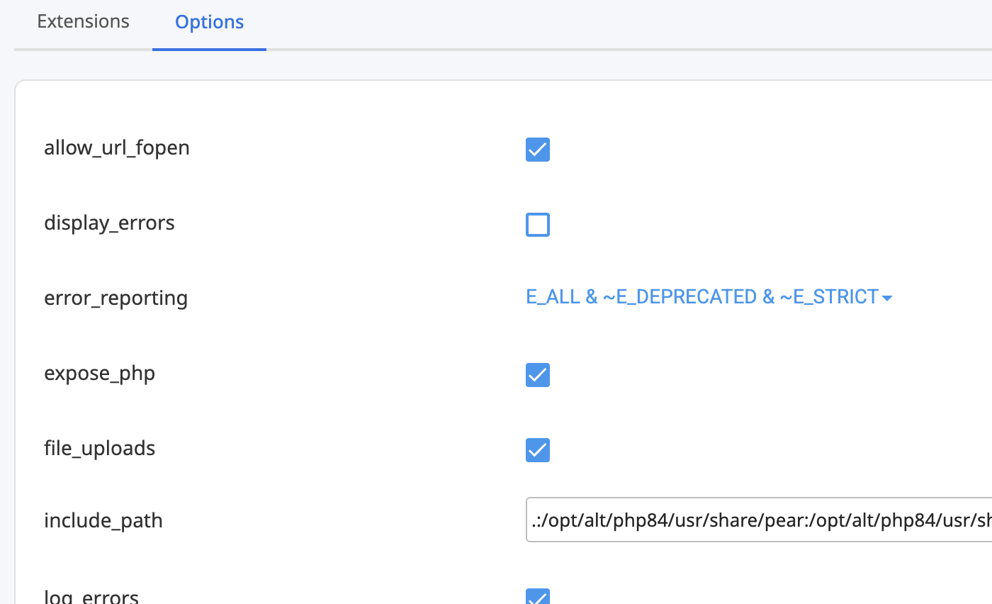 The PHP Options tab in the Select PHP Version tool
