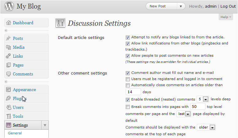 Discussion settings page