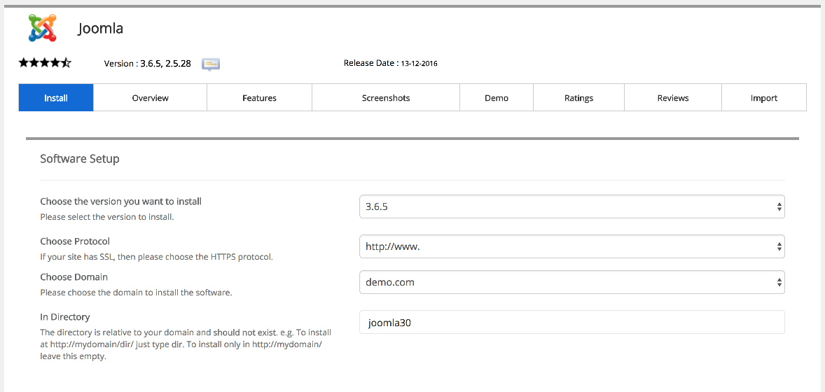 Softaculous installation settings for Joomla