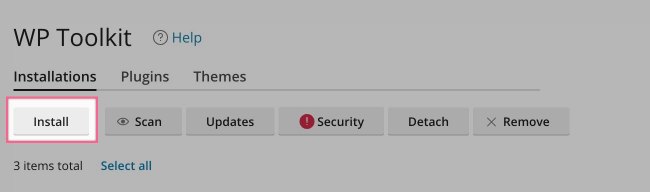 Install button in WP Toolkit dashboard
