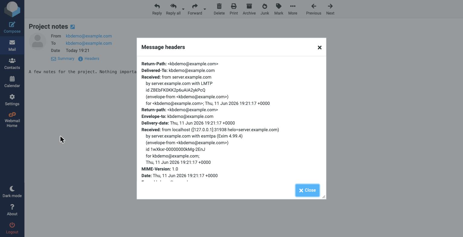 Viewing a message's source and headers in RoundCube