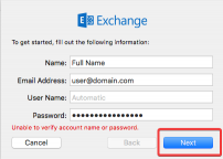 Unable to verify account name or password dialog