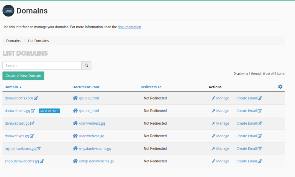 Domains overview page