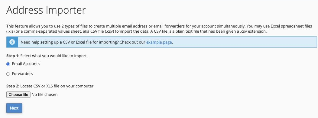The Address Importer tool in cPanel