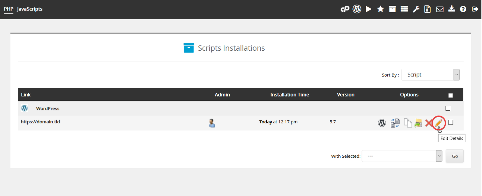 Softaculous edit installation icon
