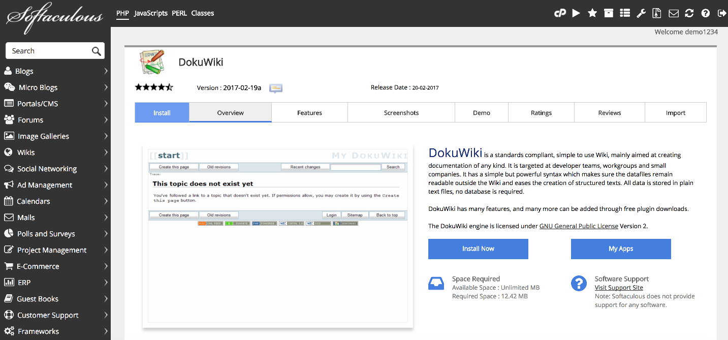 DokuWiki overview page in Softaculous