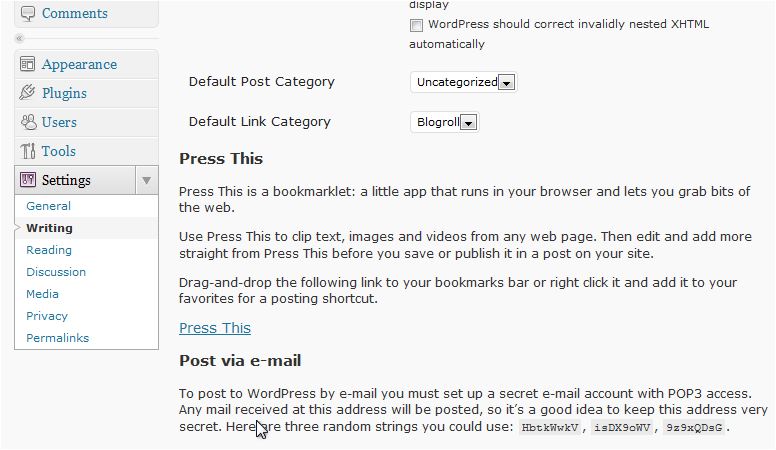 Reading settings menu