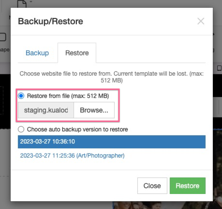 Restore tab showing file upload and auto backup options