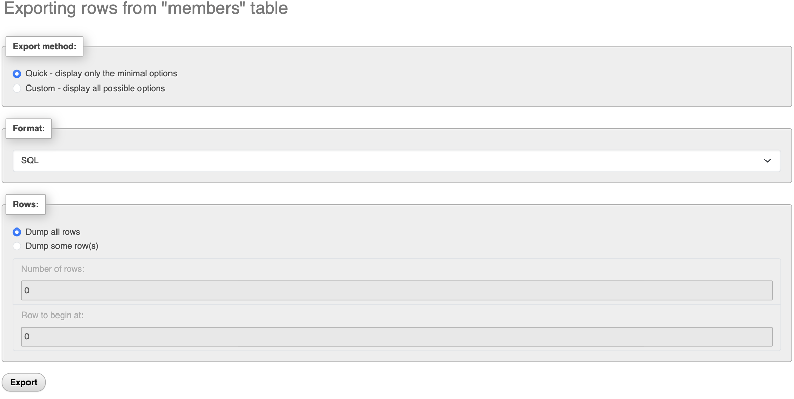 The Export tab for a single table, with the Quick method and SQL format selected