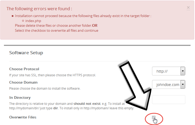 Overwrite Files checkbox in Softaculous