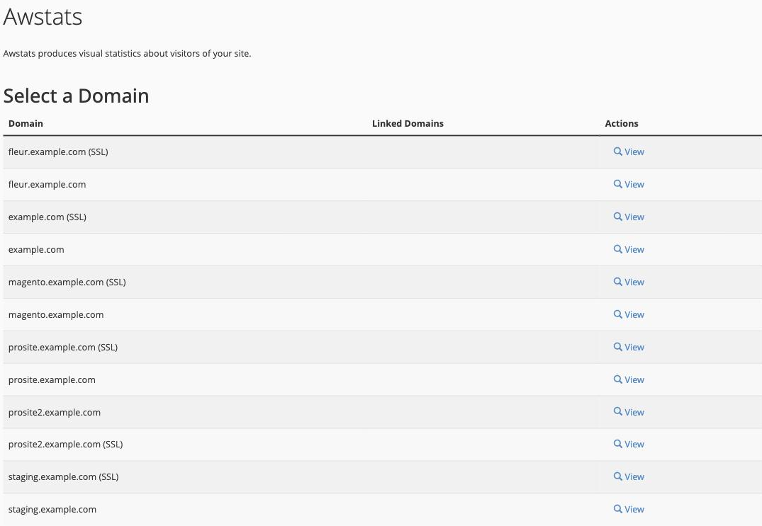 The AWStats domain list in cPanel