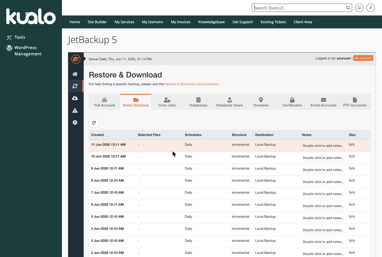 The Home Directory tab in JetBackup, listing file backups by date