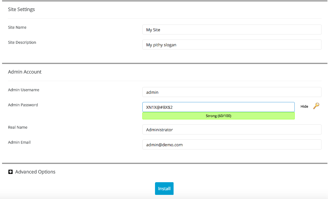 Admin credentials fields