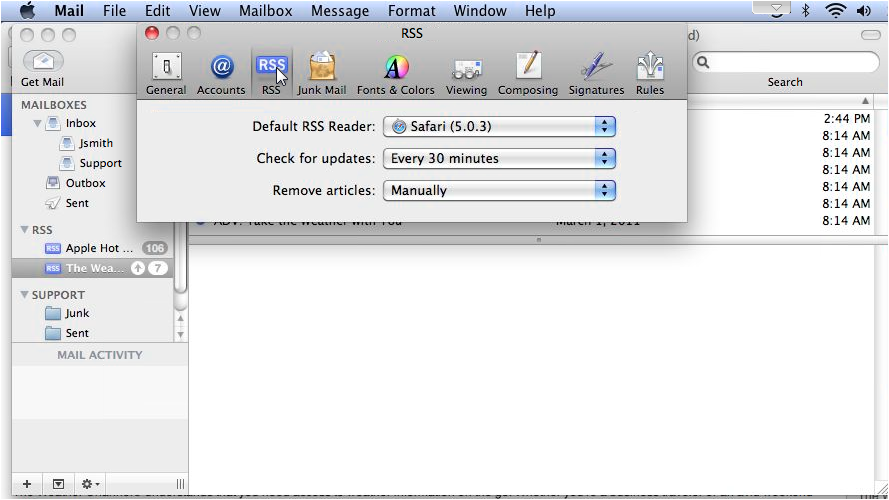RSS tab in Mail Preferences