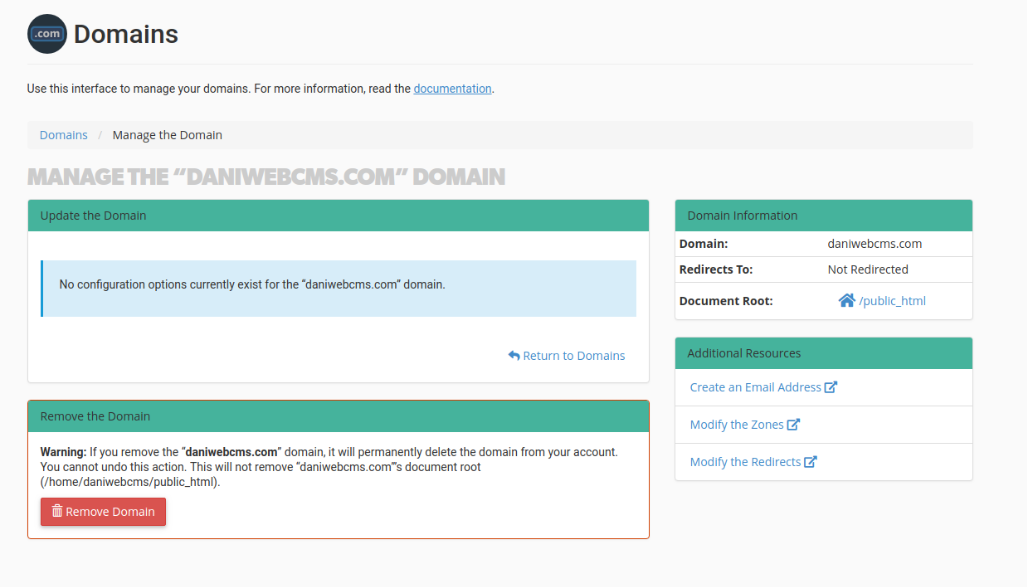 Domain Management page