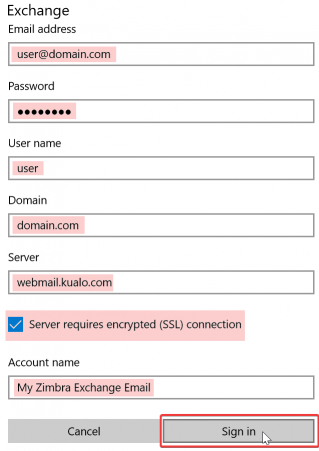 Exchange ActiveSync account details form