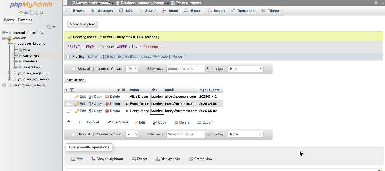 Running a SELECT query and viewing the results in phpMyAdmin