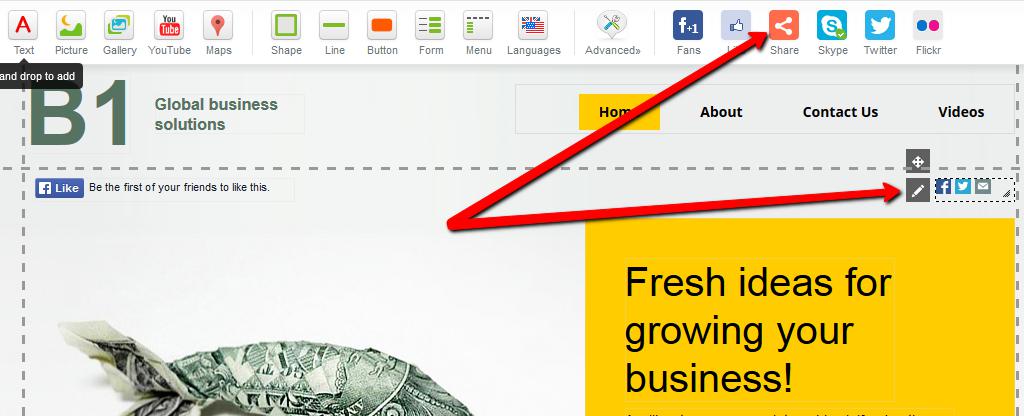 Dragging the Share element onto the page