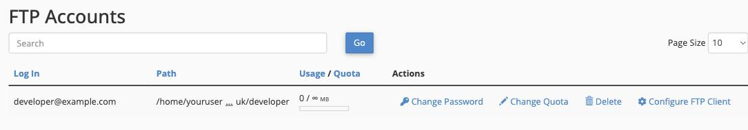 The FTP Accounts management list, where you can change a password or quota, or delete an account