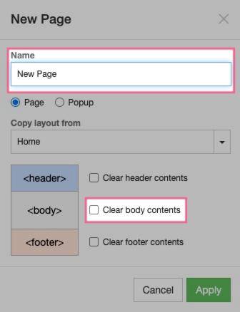 New page name and duplication options
