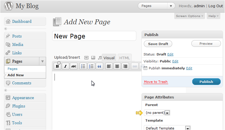 Page editor with Page Attributes and Publish button